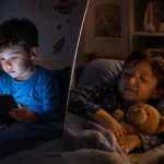 Split image showing a child watching a bright tablet at bedtime compared with a relaxed child listening to an audio bedtime story while falling asleep.