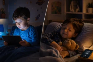 Split image showing a child watching a bright tablet at bedtime compared with a relaxed child listening to an audio bedtime story while falling asleep.