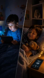 Split image showing a child watching a bright tablet at bedtime compared with a relaxed child listening to an audio bedtime story while falling asleep.