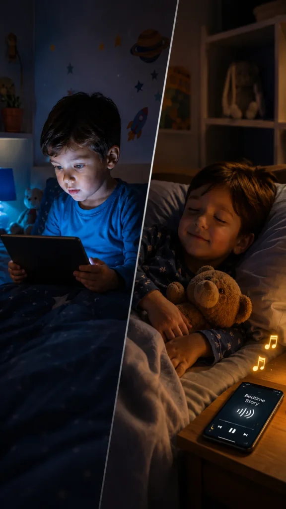 Split image showing a child watching a bright tablet at bedtime compared with a relaxed child listening to an audio bedtime story while falling asleep.