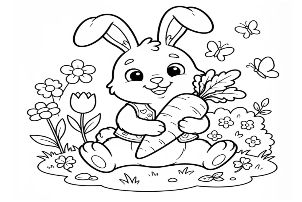 Printable rabbit coloring sheets for children, gentle bunny scenes with big outlines