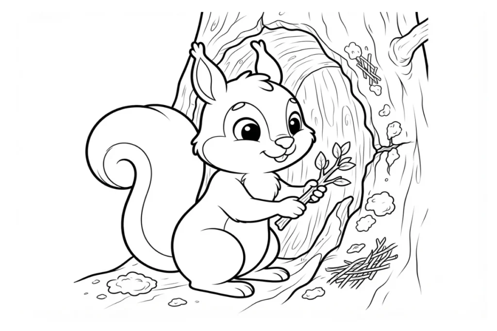 Printable squirrel coloring sheets for children, friendly forest scenes with big outlines