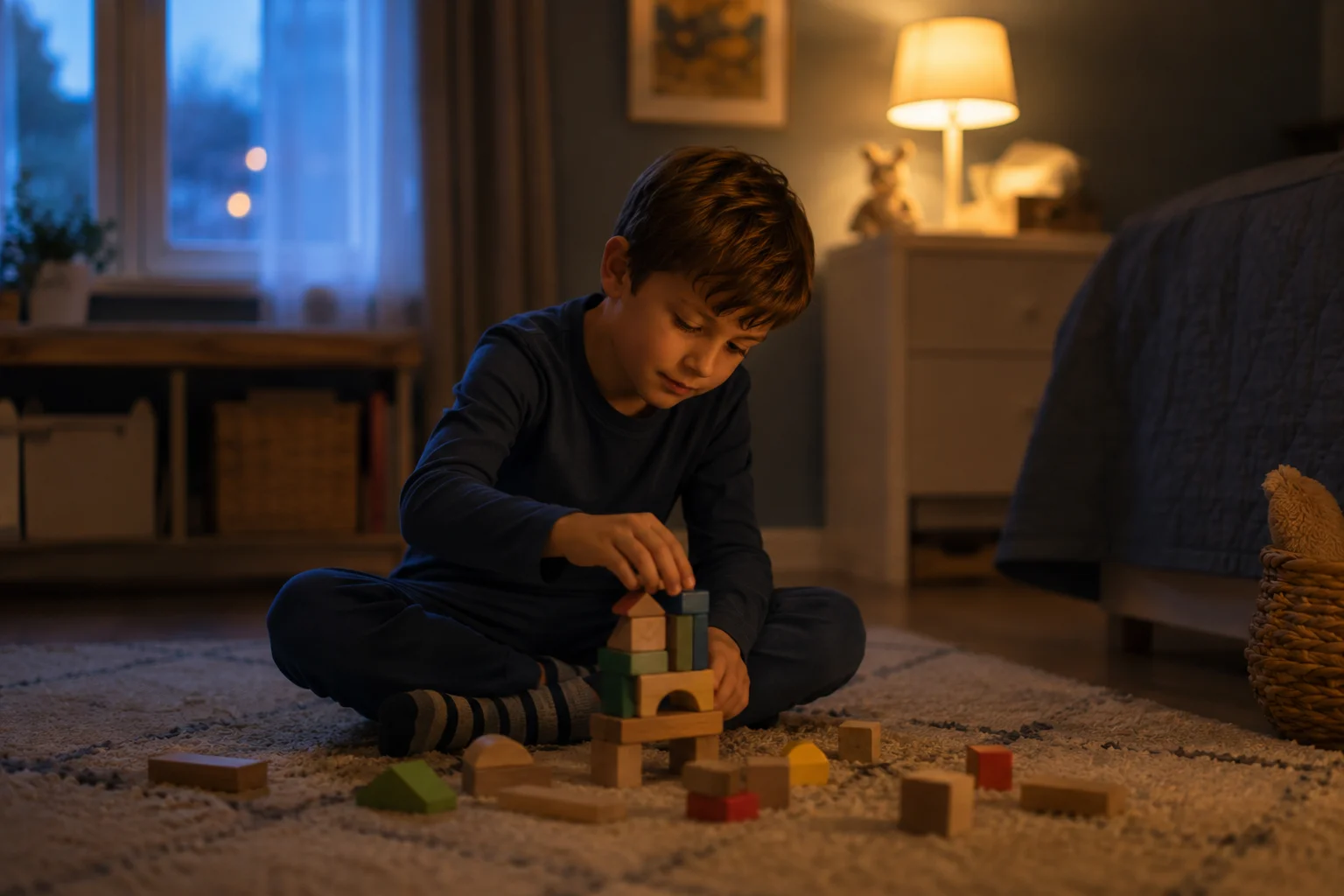 Child engaged in a calm screen-free activity before bedtime