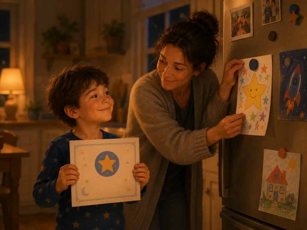 Child earning a reading reward badge for completing bedtime stories