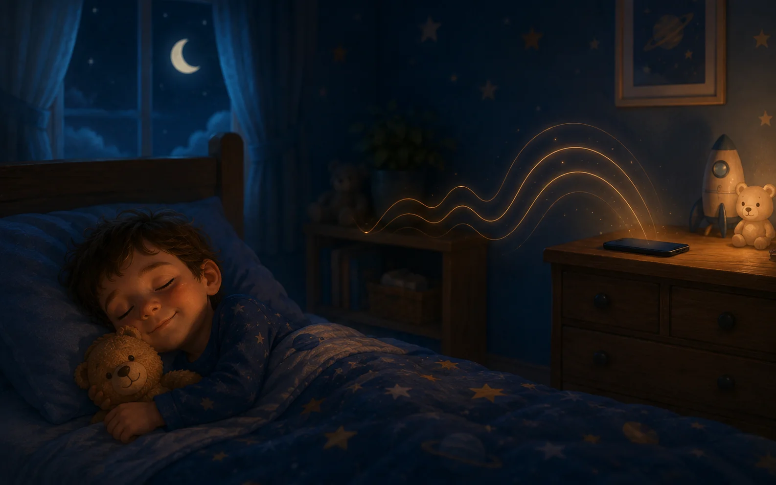 Young child asleep in bed at night after listening to a FireflyNook audio bedtime story