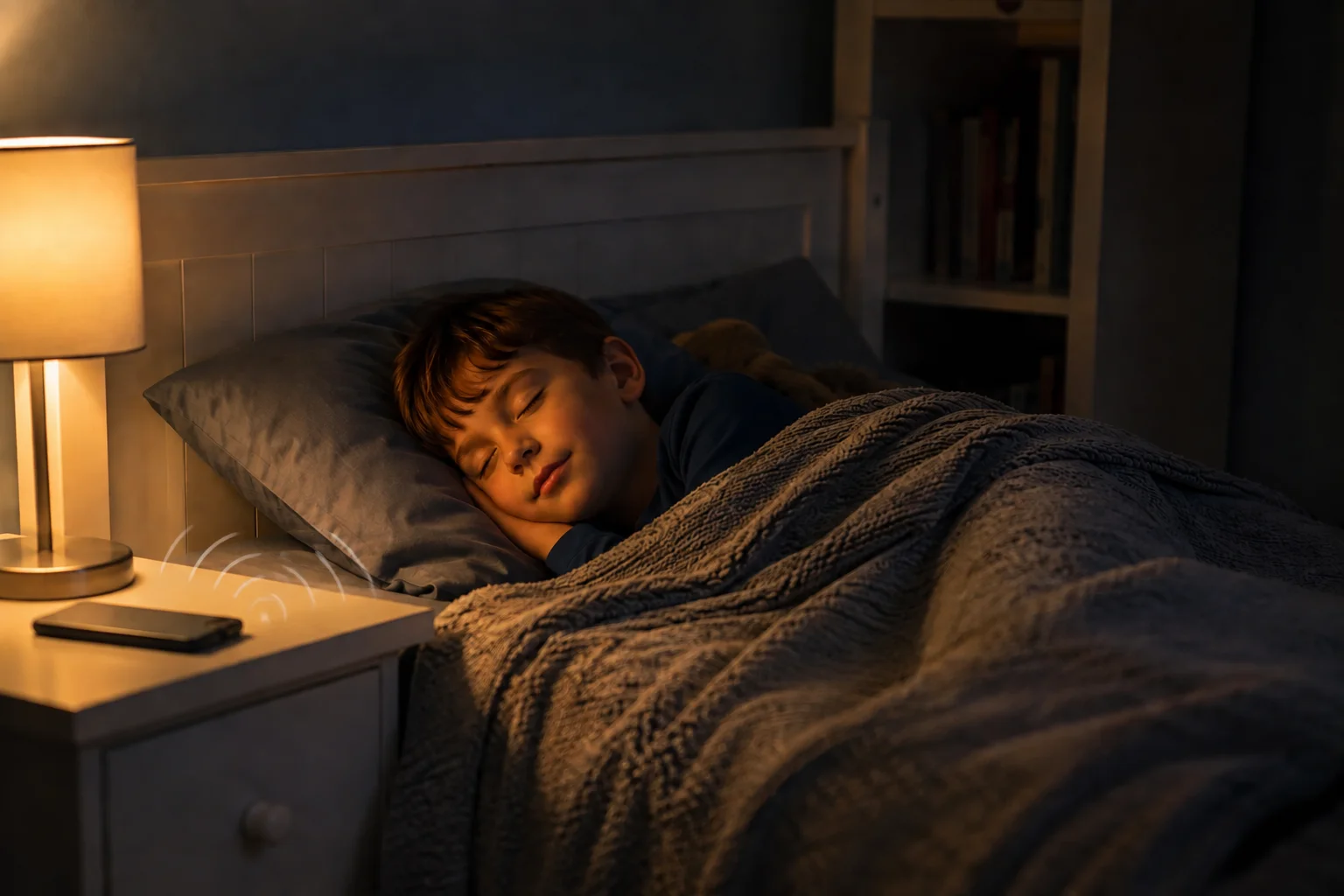 Child in bed listening to an audio bedtime story with eyes closed