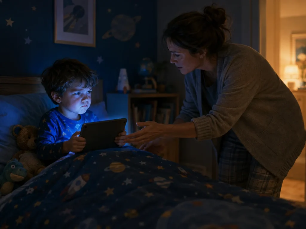Child at bedtime refusing to give up a tablet during the nightly screen-time battle