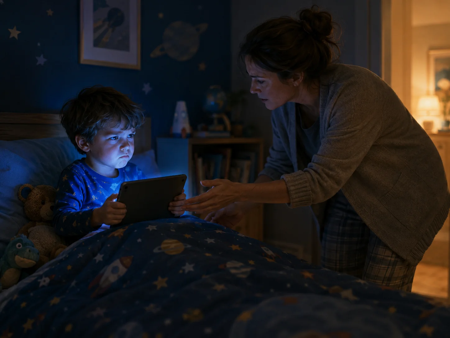 Child at bedtime refusing to give up a tablet during the nightly screen-time battle