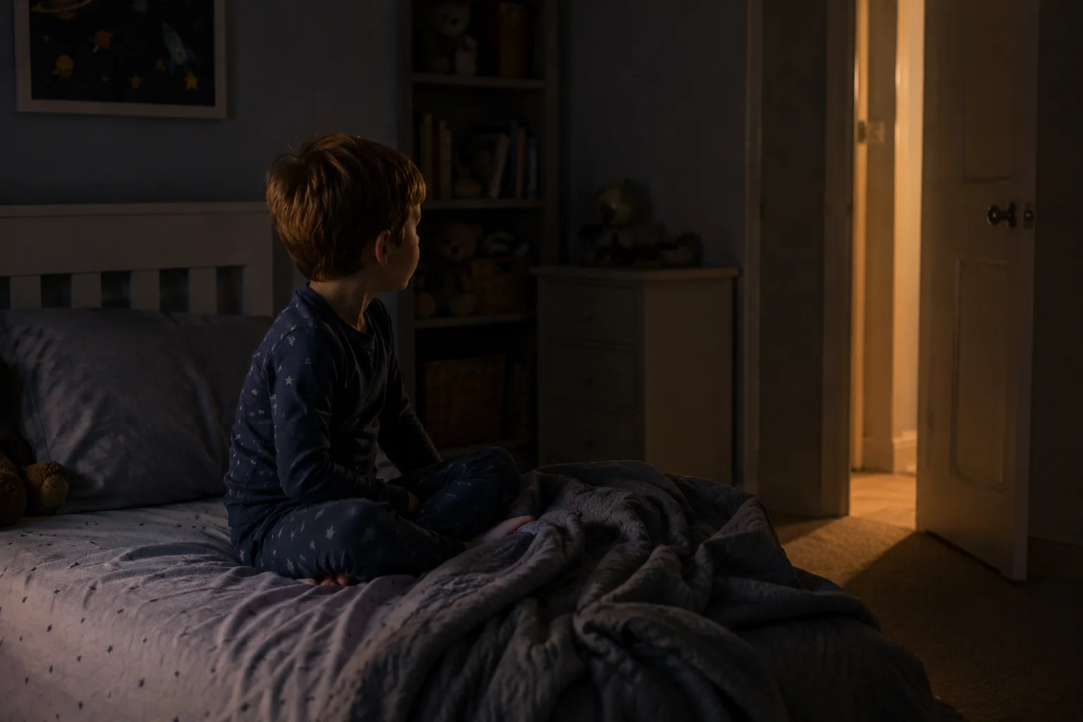 Five-year-old child sitting up in bed wide awake looking restless