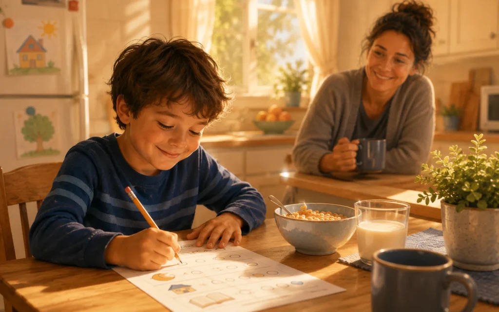 Child completing a printable story quiz worksheet the morning after a bedtime story
