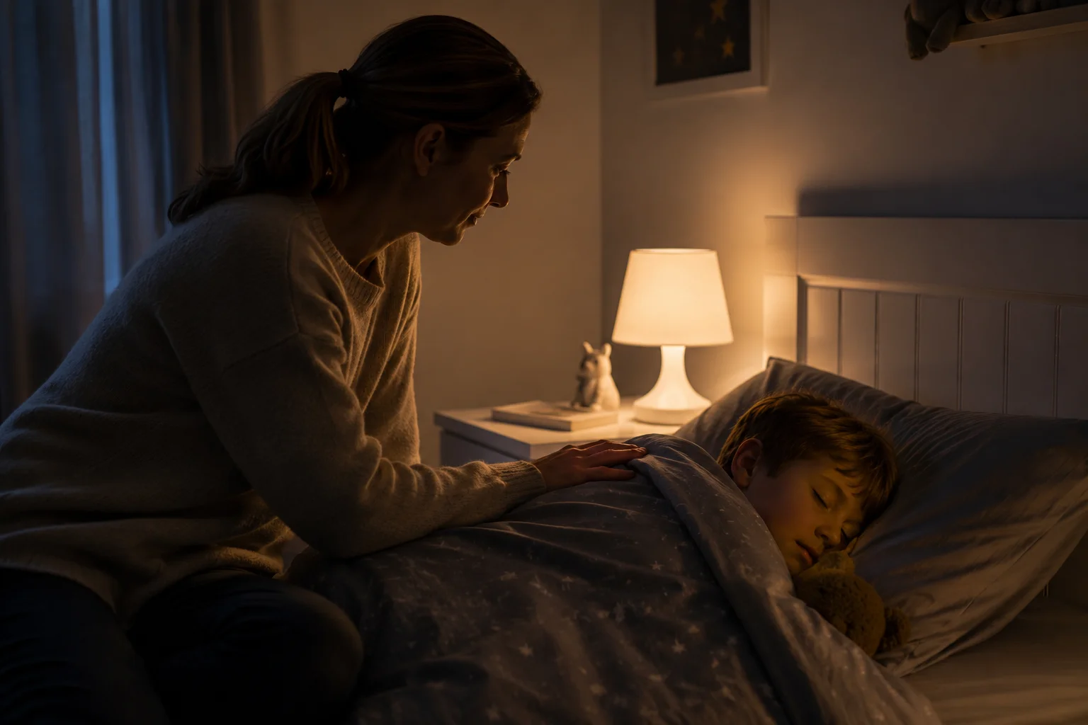 Parent sitting beside child bed during calm screen-free bedtime routine