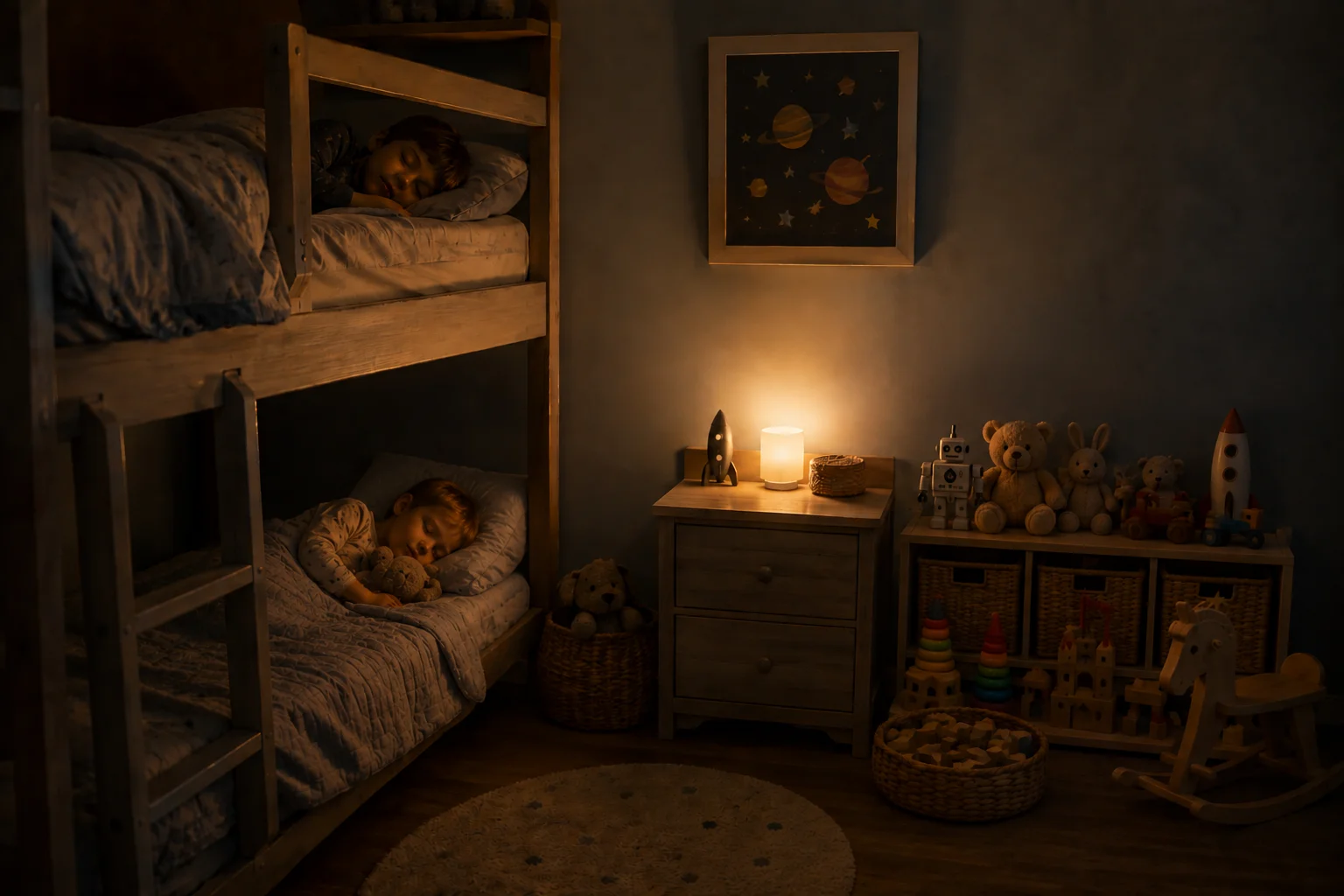Two children of different ages peacefully in bed in a shared room