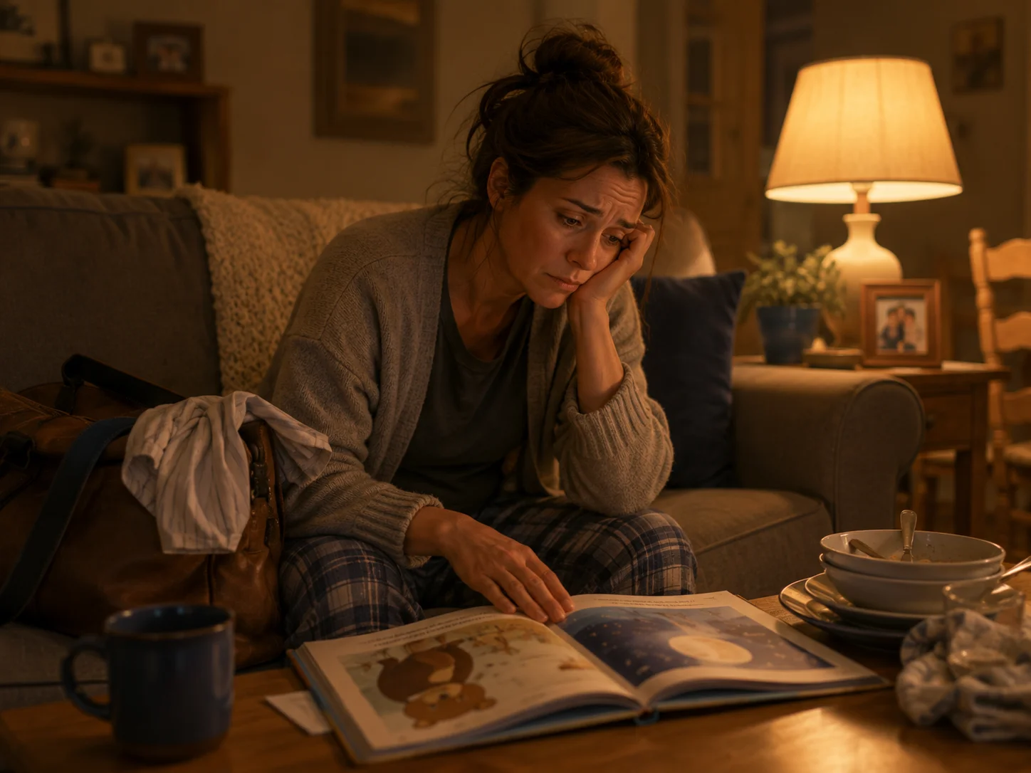 Exhausted parent at the end of the day, too tired to read a bedtime story aloud