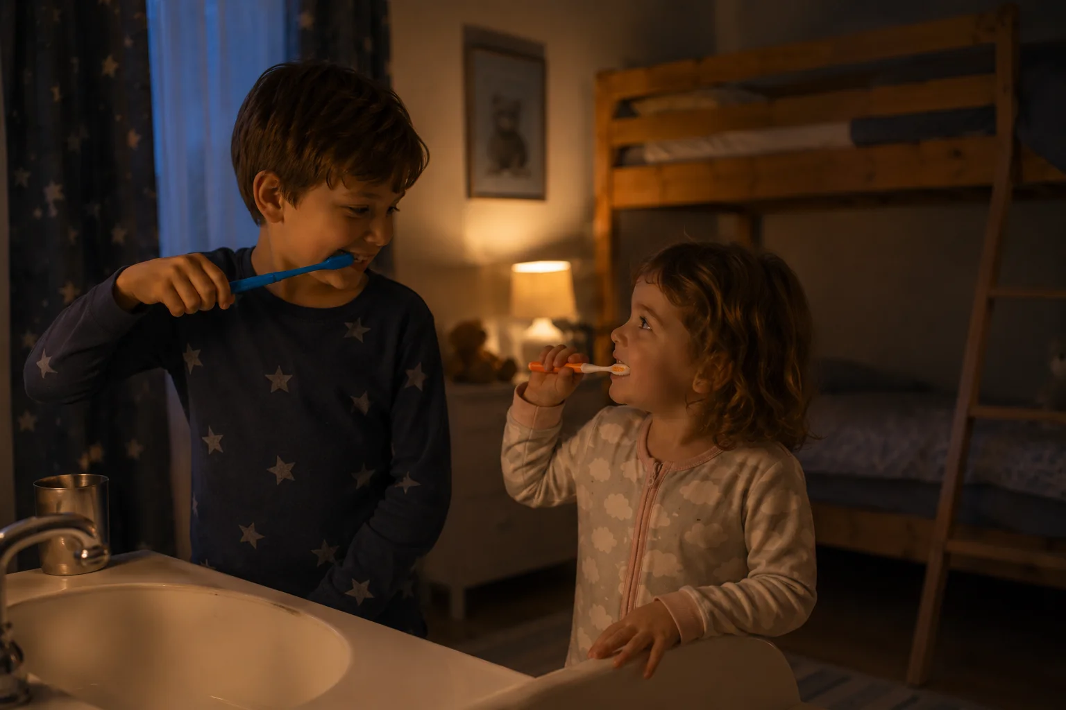 Two siblings of different ages getting ready for bed together