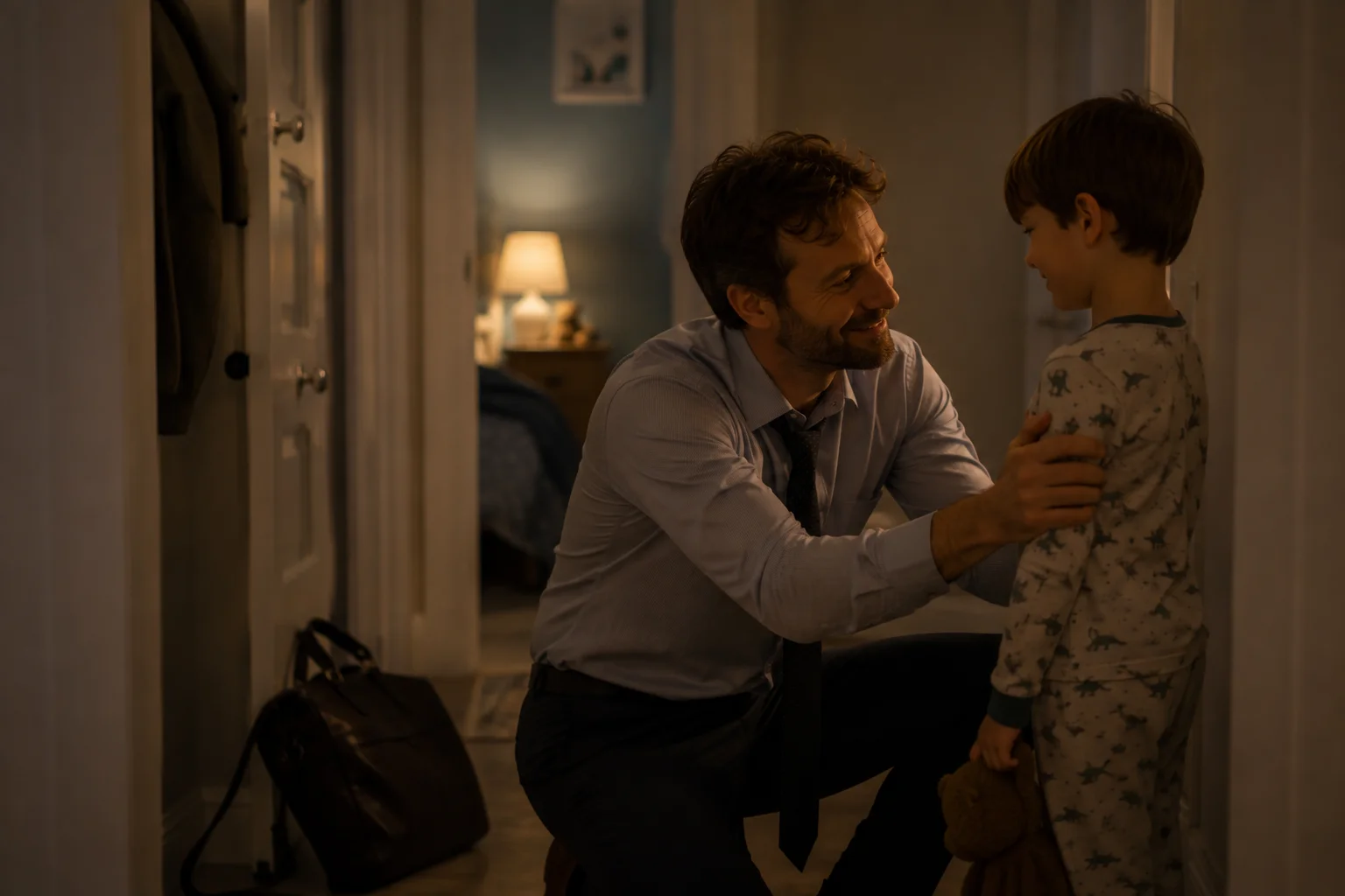 Tired but smiling parent starting a calm bedtime routine with their child